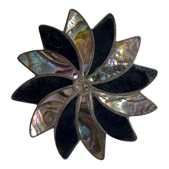 Vintage Sterling Pendant Taxco Starburst Abalone & Black Onyx Floral Pin Brooch - Picture 1 of 6
